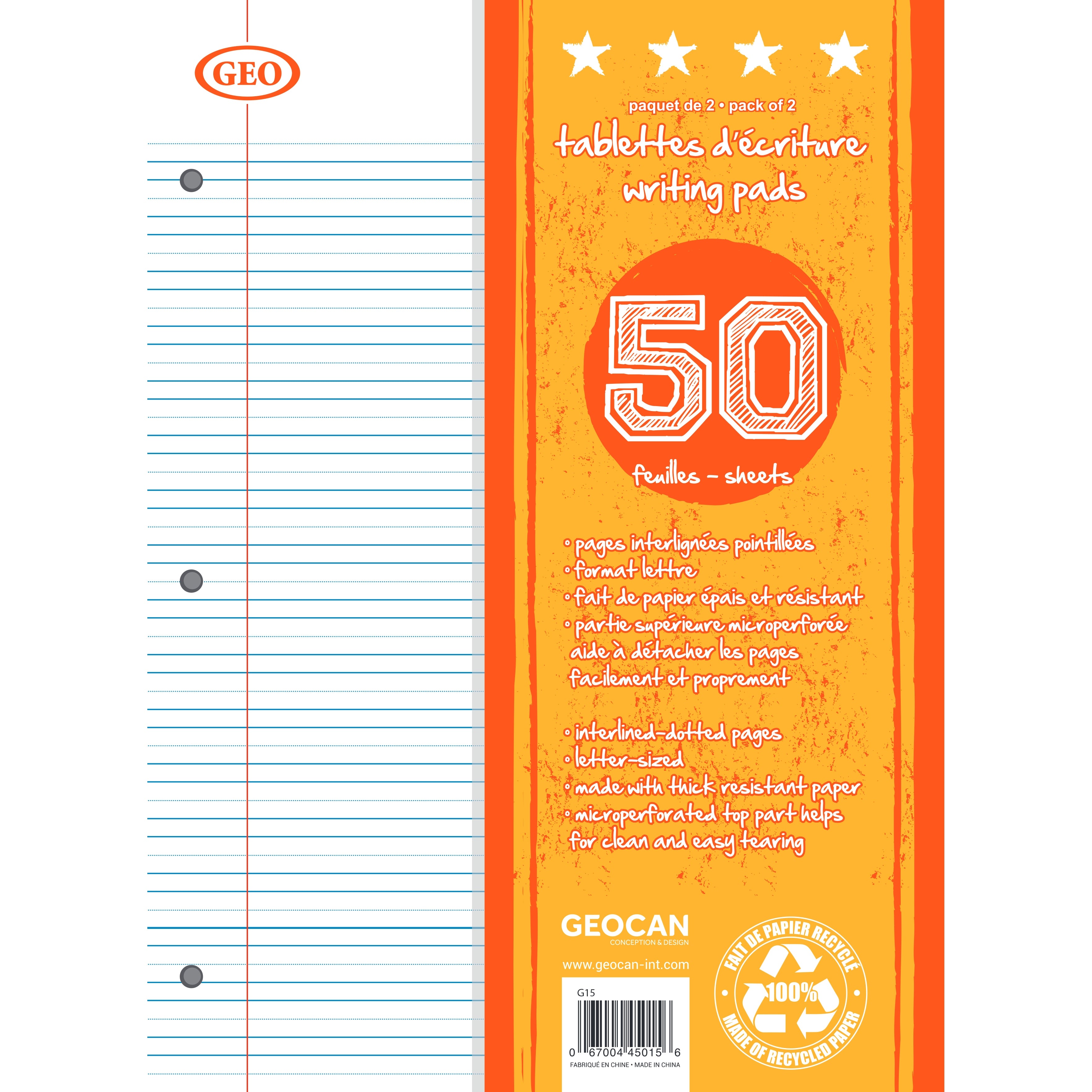 2x50 feuilles mobiles interlignées pointillées GEO