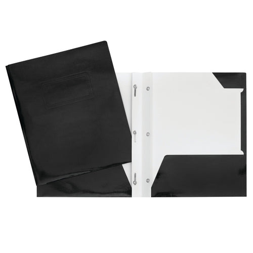 Duo tang de carton laminé noir avec attaches et pochettes GEO