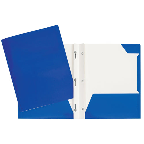 Duo tang de carton laminé bleu foncé avec attaches et pochettes GEO