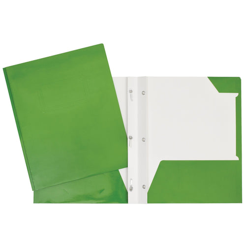 Duo tang de carton laminé vert avec attaches et pochettes GEO