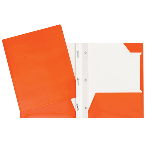 Duo tang de carton laminé orange avec attaches et pochettes GEO