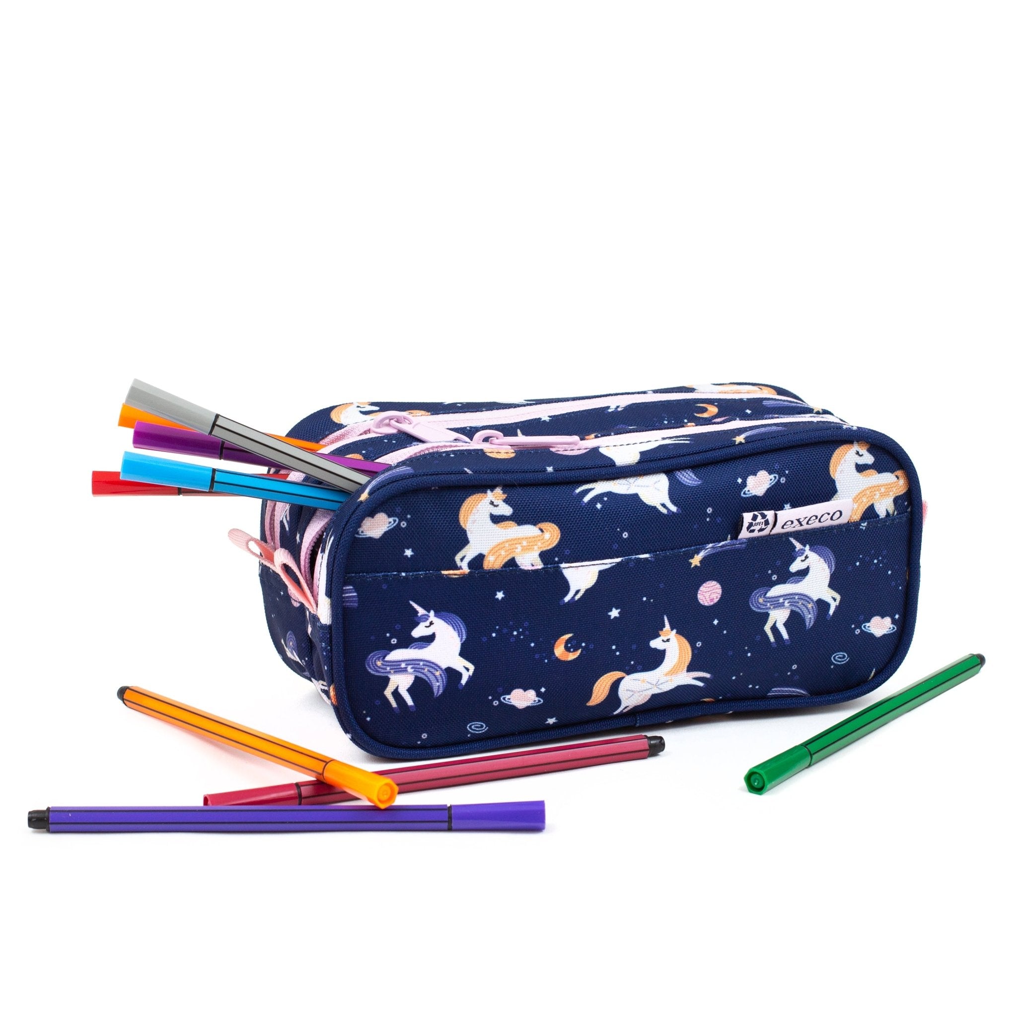 Trousse à Crayons En Silicone Fringoo Pour Enfants - 2 Compartiments Zippés, 12 élastiques - Motif 'Aim High Dream Big'